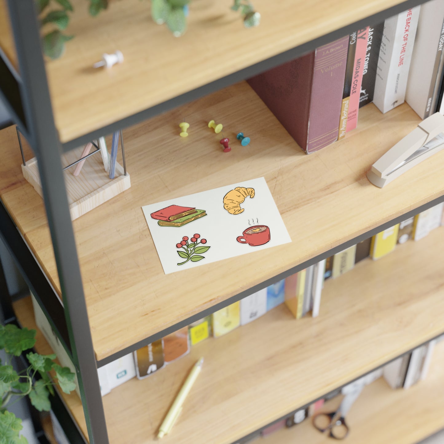 Cozy Morning Sticker Sheet — Books, Croissant & Coffee Planner Stickers