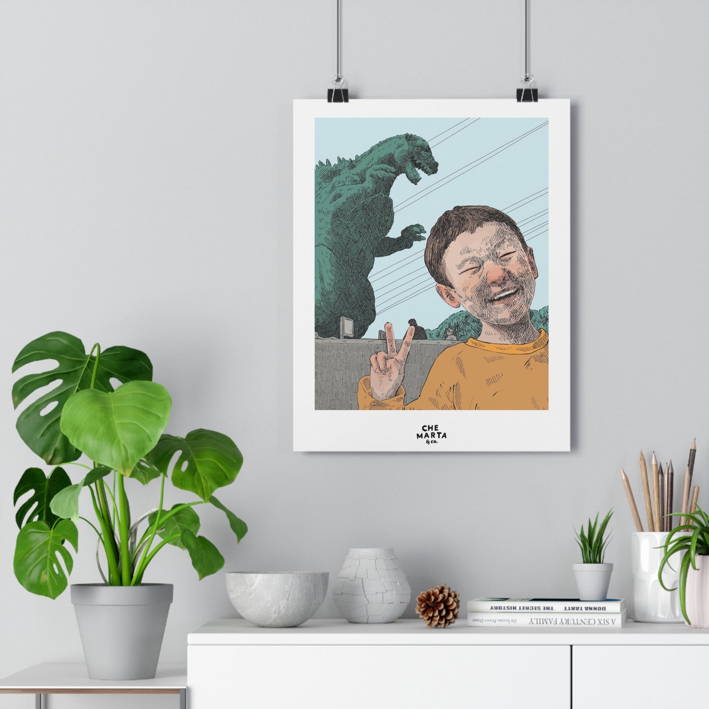 Godzilla & Child Illustration — Retro Peace Sign Art Print