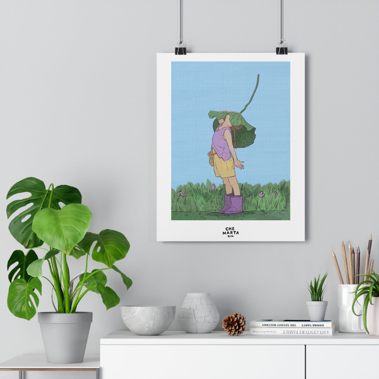 Rainy Day Art Print – Child with Leaf Illustration Poster