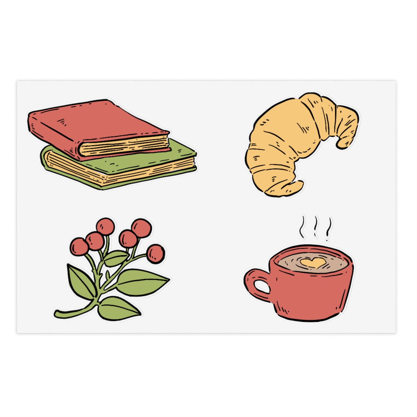 Cozy Morning Sticker Sheet — Books, Croissant & Coffee Planner Stickers