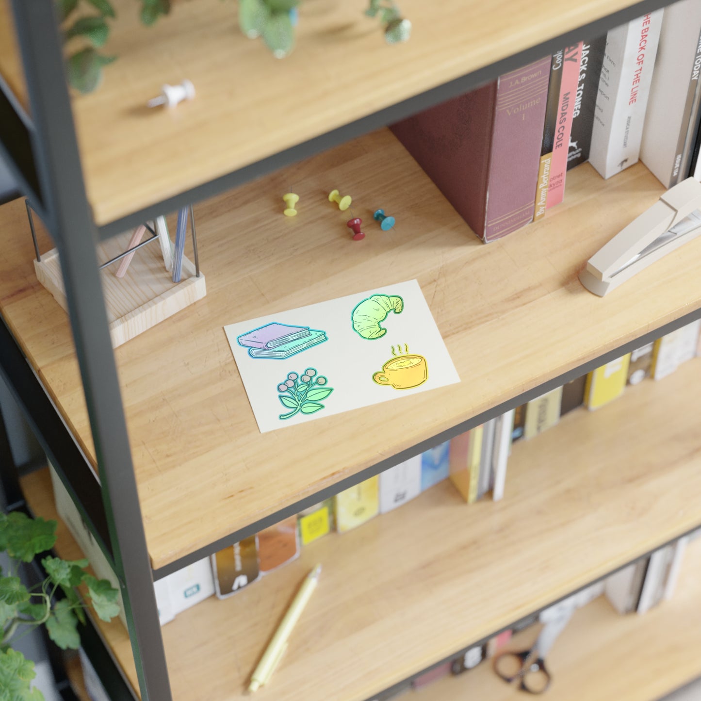 Cozy Morning Sticker Sheet — Books, Croissant & Coffee Planner Stickers
