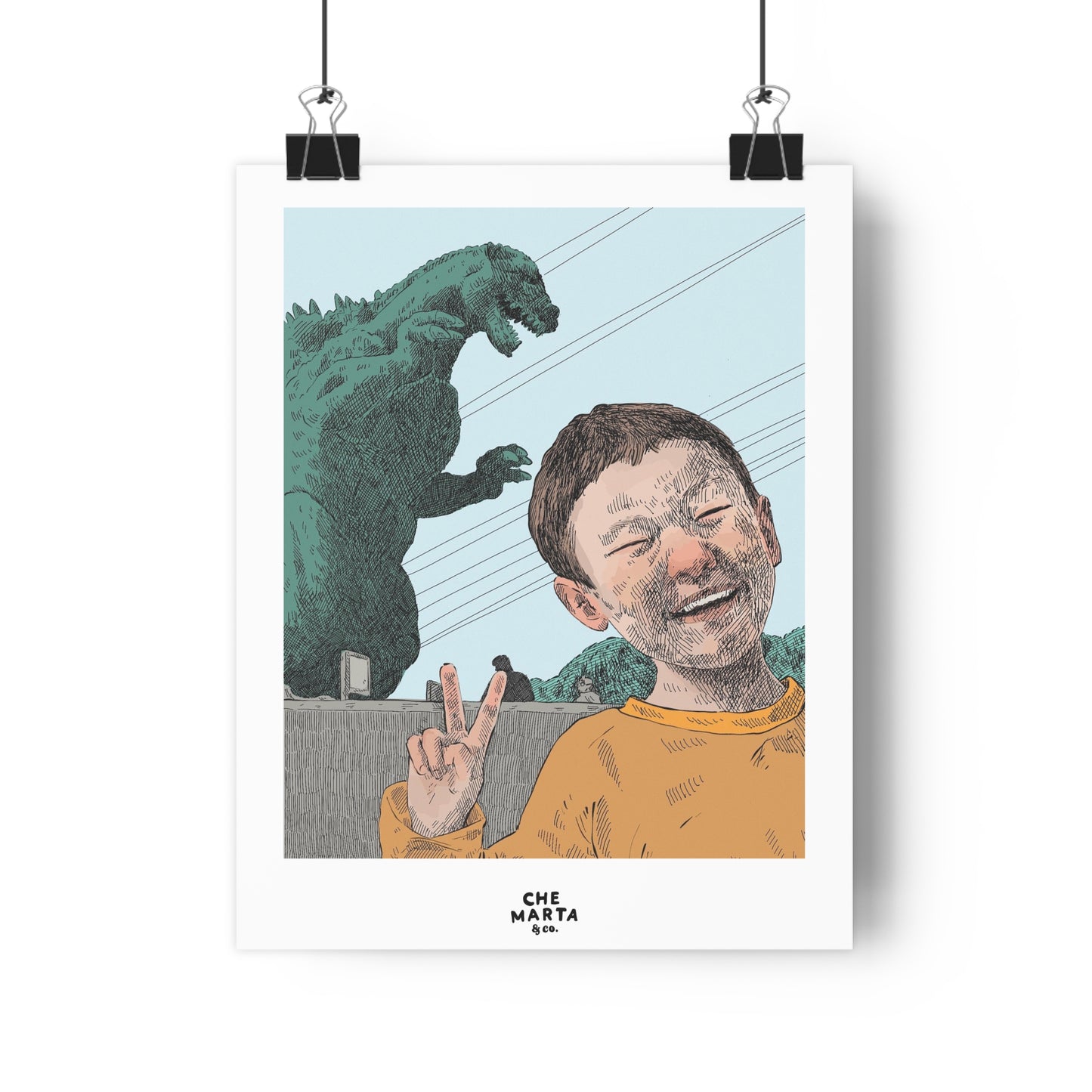 Godzilla & Child Illustration — Retro Peace Sign Art Print