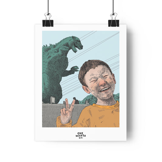 Godzilla & Child Illustration — Retro Peace Sign Art Print